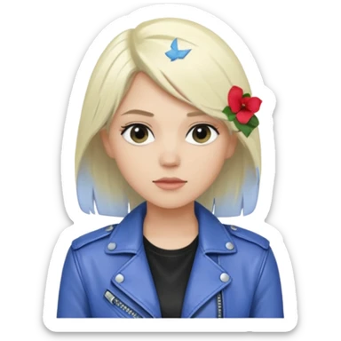 Emily Armstrong, Rock Singer (b.1986) with platinum blonde hair, periwinkle shirt sticker