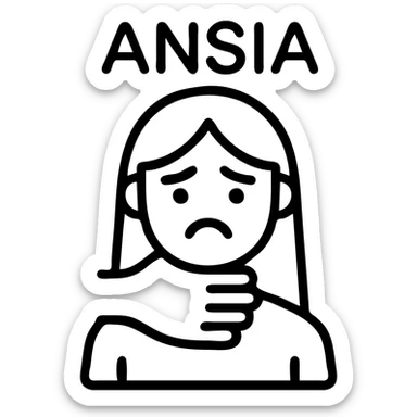 Stylized woman in black and white with an anxious expression, a large black hand gripping her neck representing anxiety, oppressive atmosphere, text 'ANSIA' above the head, similar style to the reference, variant 1. sticker