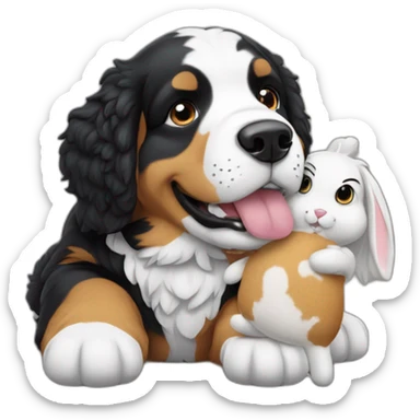 Berner sennen dog with a rabbit  plushie in his mouth sticker
