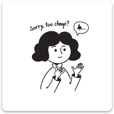 hand-drawn doodle of a person shrugging with a sarcastic expression and the words 'sorry, too cheap?' sticker