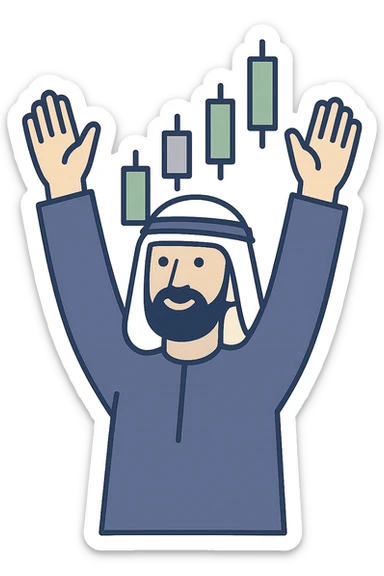 Arab trader raising hands in profit with green candles, flat modern style, Middle Eastern trading theme sticker