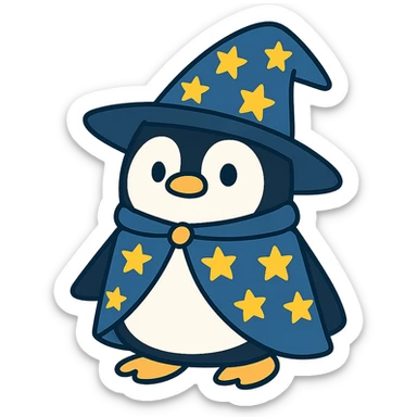 flat toon style penguin wizard with a starry hat and cape sticker