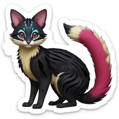 Hyper realistic  void-black fur haunted by crimson neon pulse-lines like living circuitry beautiful elegant pretty precious cute  Fakémon-Pokémon-opossum-feline-serval-caracal-chinchilla-Furret-Minccino-hybrid-creature with a big fluffy bushy tail (full body) sticker