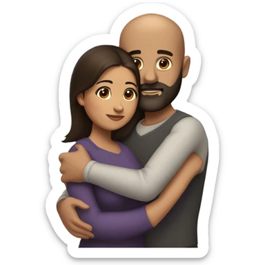Comforting hug from brunette Puerto Rican with dark brown eyes to short, bald man with brown eyes and a beard sticker