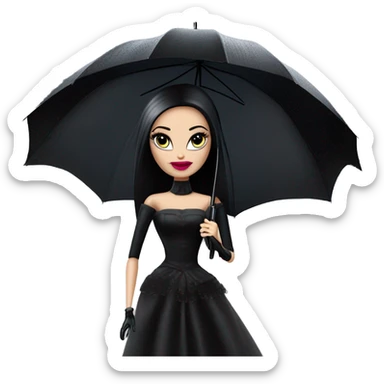Parisienne Pretty Barbie Morticia Addams at a rainy funeral holding mbrella, accessories gloves carrying clutch  sticker