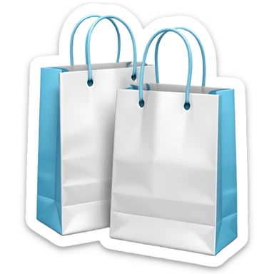 A 3D emoji of two white paper shopping bags, one large and one small, standing next to each other. Soft studio lighting, smooth 3D rendering, claymorphism style, minimalist design, cute, high resolution, isolated on a white background. sticker