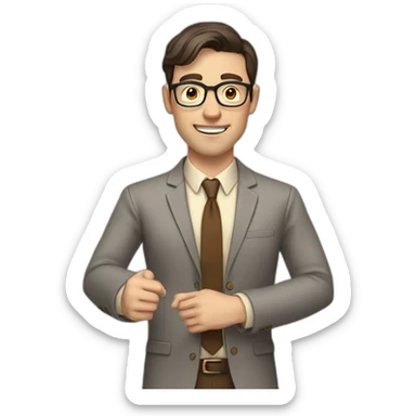 To belt Actively gesturing with hands Pale skinned fit man teacher with dark brown hair in gray jacket, beige office shirt, brown tie, brown pants and vintage glasses. sticker