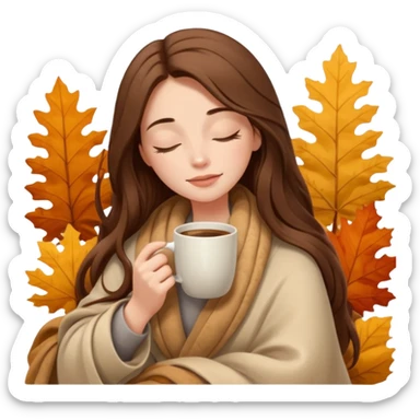 long brown hair woman closed eyes covered with cozy beige blanket, holding cup of coffee, autumn mood sticker