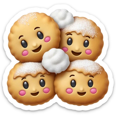 Cinematic Realistic Fritule Dessert Emoji, featuring small, fluffy dough balls dusted with powdered sugar rendered with delicate textures and warm, inviting lighting. sticker
