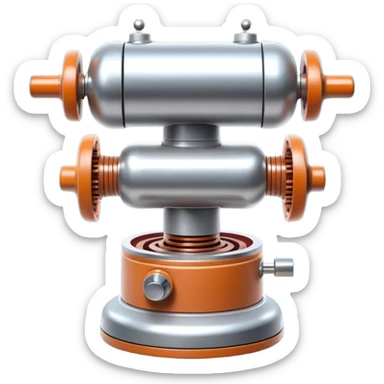 sausage-processing droid. retro-futuristic style. top is a circular industrial meat grinder with rotating gears and blades. Two robotic arms feed material into grinder. Sausage links extrude from the rear like  factory. The body is metallic, compact, and floats above the ground.no legs. Dark humor sticker