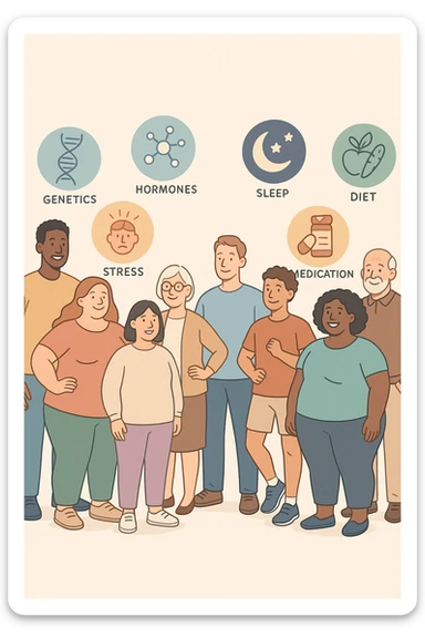 a diverse group of people of different body shapes, sizes, ages, and backgrounds stand together, each surrounded by floating icons representing factors like genetics, hormones, stress, sleep, physical activity, diet, medication, and environment. The mood is inclusive and informative, emphasizing that weight is influenced by many interconnected elements. sticker
