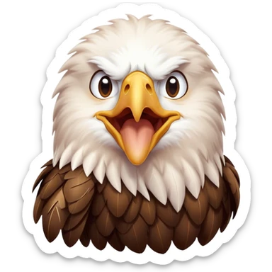 Cinematic Cute Yawning American Eagle Portrait Emoji, Head tilted slightly with a dramatic, wide-open yawn, showcasing a stately form with gently drooping feathers and sleepy, half-closed eyes, Simplified yet irresistibly adorable features, highly detailed, glowing with a soft, cozy majestic glow, high shine, relaxed yet expressive, stylized with a dash of whimsical aerial charm, soft glowing outline, capturing the essence of a drowsy yet affectionate American eagle that appears ready to stretch out for a nap! sticker