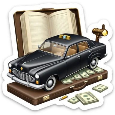 Icon for Action & Crime Reading: an open book with dramatic crime scenes—bullet holes on pages, a detective badge, a revolver, and a getaway car. Surrounding elements include a briefcase with cash and a flickering streetlight. Transparent background. sticker