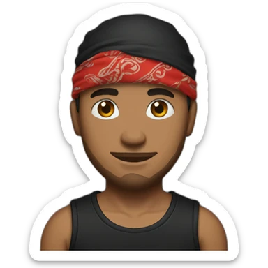 A man with tattoos in a black T-shirt and a red bandana sticker