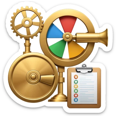 An icon featuring a pie chart, a clipboard, and a megaphone, symbolizing management and marketing. The design includes gears representing strategy and a dollar sign to highlight business growth. Transparent background emphasizes the dynamic world of business leadership and promotion. sticker