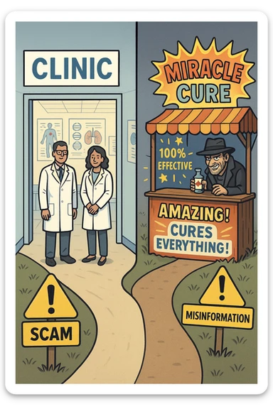 two paths diverge—one leads to a trustworthy clinic with doctors and scientific posters, the other to a shady stand selling “miracle” medicines with exaggerated claims. Signs along the second path warn of scams and misinformation. The scene encourages viewers to choose reliable, science-based healthcare. sticker