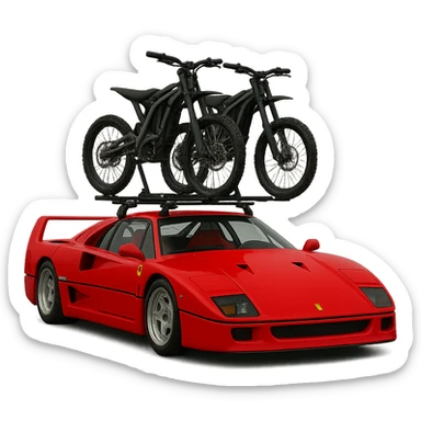 Replace the motorcycle with two Sur-Ron electric bikes mounted on a roof rack on the realistic Ferrari F40. Keep the background transparent. sticker