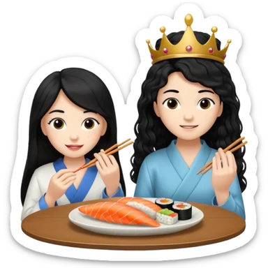 czarnowłosa ksieżniczka w dlugich wlosach je sushi z chłopakiem o czarno brązowych kręconych włosach i są zadowoleni i są nastolatkami i te włosy są lekko krecone i chłopak ma włosy do wysokosi nad brwiami sticker