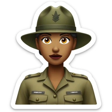 a female drill sergeant showing full torso wearing a classic sergeant hat and a camouflage army shirt. The character should have an angry intense expression.  sticker