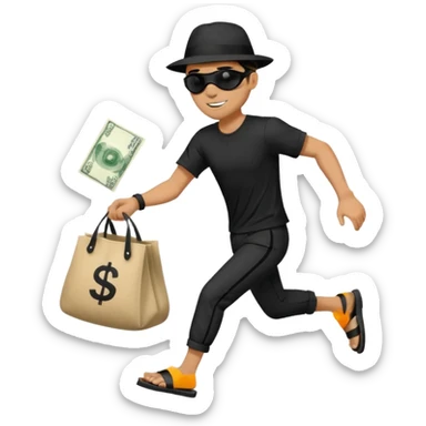 Make a man wear a black pant and he shirt is balck line and white line and wear a black hat and he holding a money bag and he running he wear a black eye thing no money in the Left hand and he yellow and the money bag in the right he wear a flip flop like this is Money bag 💰 NO MONEY sticker
