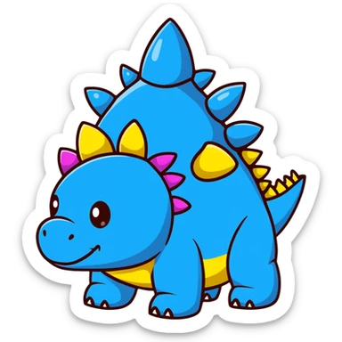 A cartoon blue toy stegosaurus with a friendly face and colorful spikes sticker