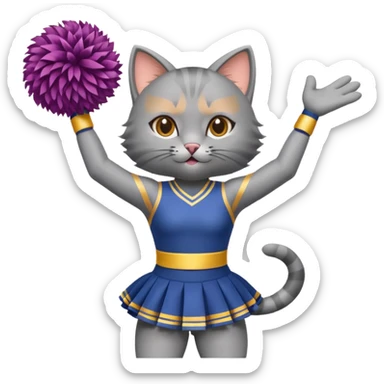 A sleek grey cat cheerleader twirling pom-poms with confident energy. sticker