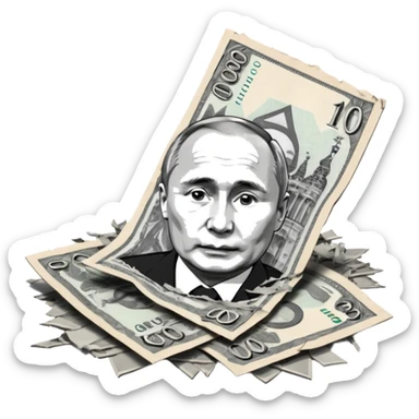 single stack of russian ruble notes with Vladmir Putin's picture on them blown into pieces because of explosion sticker