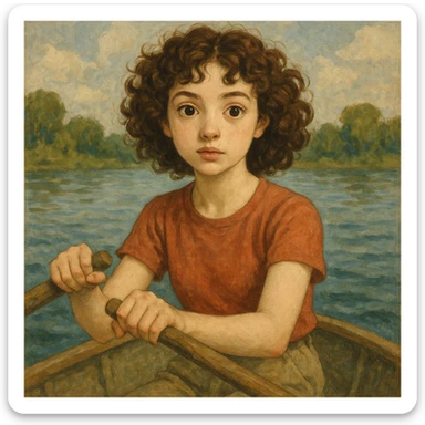 kürek çeken, kıvırcık saçlı, beyaz tenli, gözleri biraz iri kız, genel stil sticker