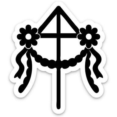 Add traditional Swedish details to the midsommarstång: a wooden crossbar, two large floral wreaths at the ends, blue and yellow ribbons spiraling around the pole, and a leafy garland in a U-shape between the wreaths, maintaining the flat color icon style. sticker