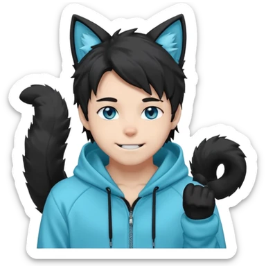 A fluffy anime-style male character with black fur, cat ears, a long fluffy tail, and sharp blue eyes. He wears a light cyan hoodie that says 'Imagine and go with the flow' and matching sweatpants. He has sharp fangs that show when he smiles, giving him a playful but mysterious vibe. sticker