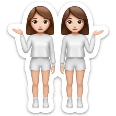 👯‍♀️ generate this emoji, as two white girls, bffs, the same pose but maybe the outfit cuter. we are models. both with brown hair. one girl in white outfit, the other in black sticker