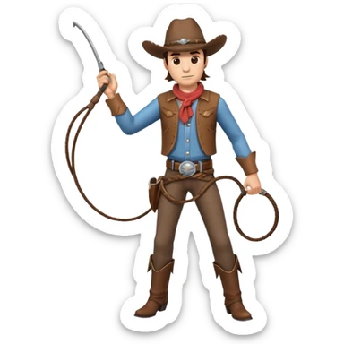 cowboy man holding a whip, dynamic pose, western outfit, adventure vibe, 3D cartoon, mobile game icon style, clean background, no text, no watermark
 sticker