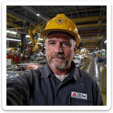 Realistic car factory, detailed machinery, industrial atmosphere, workers in uniforms, assembly lines with cars in production, realistic lighting and shadows, large warehouse-like structure with high ceilings, metal beams, and industrial equipment, realistic style sticker