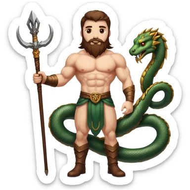 full body man long brown hair brown eyes medium beard white skin muscular build apple guardian with serpent staff sticker