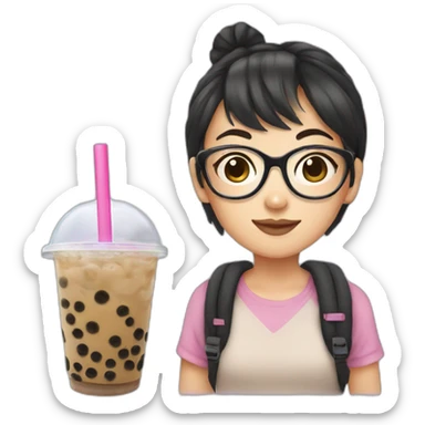 Asian girl with glasses bubble tea sticker