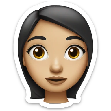 Girl with white skin tone, big eyes, small lips, big nose, long black hair, ack T shirt
 sticker