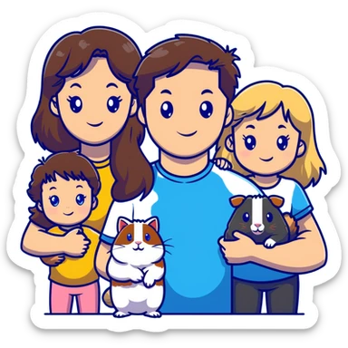 Family portrait with father with dark brown hair and blue eyes, mother with light brown hair and blue eyes, three blonde little girls with blue eyes, plus a cat and two guinea pigs sticker