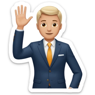 A white man in a suit stands and waves his hand in greeting. sticker
