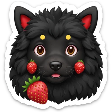 A black fluffy dog with a strawberry sticker