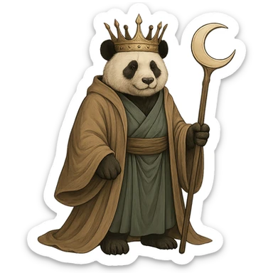 Add a crown to the panda in flowing robes, blending it with the mystical and calm style. Remove the background to isolate the subject. Keep the mystical and calm atmosphere of the original image. sticker