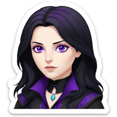 Yennefer from Witcher with long black hair, violet eyes, pale skin, wearing black clothes sticker