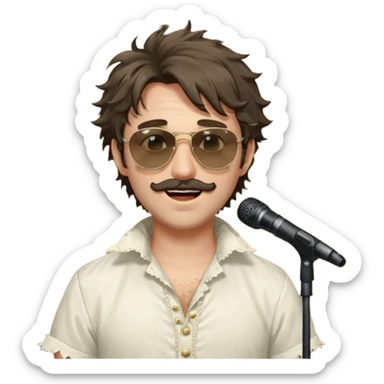 cinematic realistic - messy, shaggy with big sideburns Jim Morrison in an ivory Victorian shirt, singing in a trance on stage, wearing Ray Ban sunglasses sticker