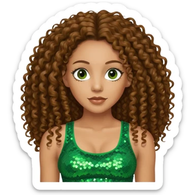 Melanie Brown with long brown curly hair, green sequin crop top, brown eye sticker