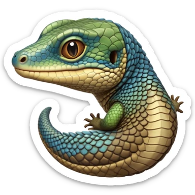 cinematic-realistic-cute-monitor-lizard-portrait-emoji,-head-tilted-playfully-and-inquisitively,-featuring-a-compact,-agile-body-with-finely-detailed,-glossy-scales-in-earthy-olive-hues-and-a-distinct,-alert-face-with-bright,-curious-eyes, blue , brown spotted and green multi coloured  scales sticker