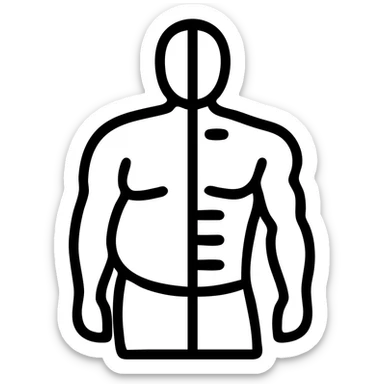 single icon with vertical split: left side bulky soft body, right side lean muscular defined body, clear difference in muscle definition and body shape sticker