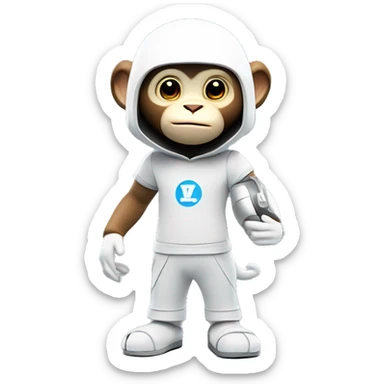 a 3d rendering of a full body shot of a cute white capucin monkey wearing a t shirt with a letter 'W' on it and a futuristic platinum helmet also with a letter 'W' on it, smiling and being cute to the camera, his style is futuristic y2k, he's standing up sticker