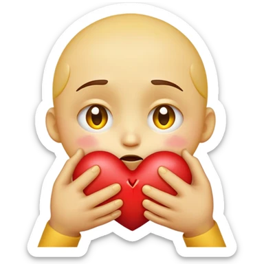 > "A round yellow emoji face with big, shiny, teary eyes, holding a red broken heart close to its chest with both hands, showing a caring and comforting expression, 2D digital art, soft shading, simple background." sticker