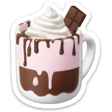 hot chocolate with mug and whip cream and chocolate drizzle and pale pink strawberry and marshmellows sticker
