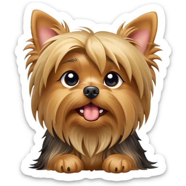 Cinematic Cute Yawning Yorkshire Terrier Portrait Emoji, Head tilted with a playful, drowsy expression and droopy, adorable eyes, featuring a soft, well-groomed fur in rich hues, simplified yet irresistibly endearing, highly detailed, glowing with a warm, cozy radiance, high shine, exuding a relaxed yet spunky charm, styled with a gentle, soft glowing outline, capturing the essence of a Yorkshire Terrier mid-yawn that seems as if it could cuddle right off the screen! sticker