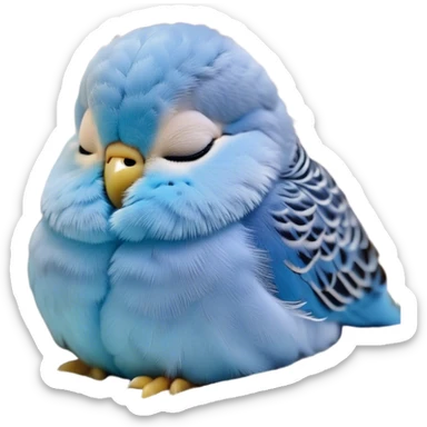 Meme-Worthy Cute Sleeping Blue Budgie Portrait Emoji, Head resting peacefully with a contented smile, showcasing a petite, delicate build and a luxuriously soft blue feathered fur, eyes shut in a serene nap, Simplified yet hilariously adorable features, highly detailed, glowing with a soft, drowsy light, high shine, relaxed and utterly lovable, stylized with an air of playful laziness, bright and heartwarming, soft glowing outline, capturing the essence of a comically sleepy budgie, so meme-worthy it feels like it could instantly become the next viral sensation of adorable slumber! sticker